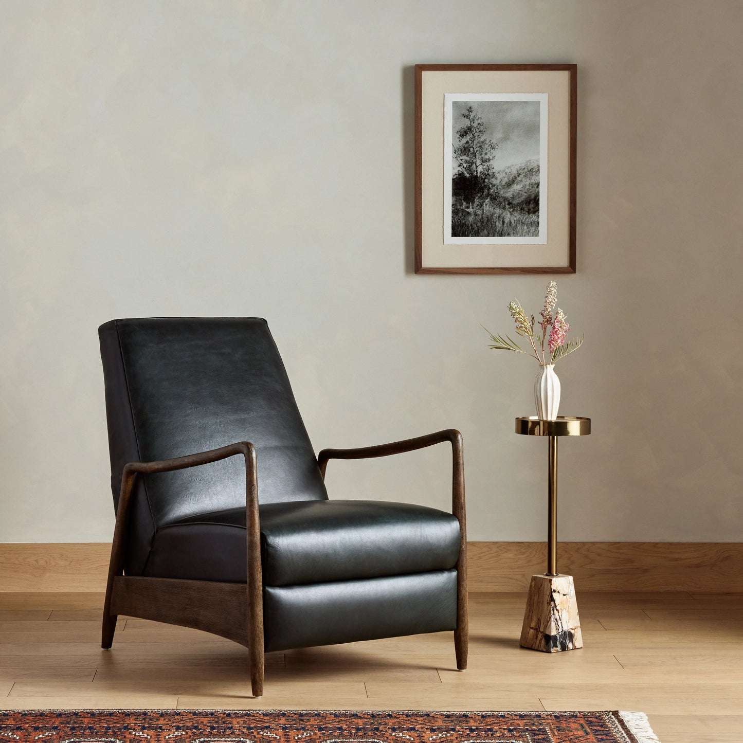 031 SI-1902132 | Lifestyle | Braden Recliner by Four Hands in dakota black, rubbed sienna brown. Made from top grain leather, solid parawood, 100% polyester in a modern style.