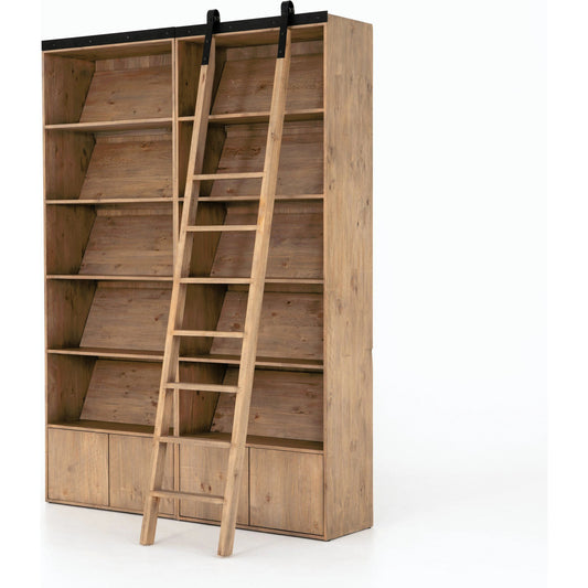 Bane Double Bookshelf with Ladder by Four Hands in smoked pine, black iron and smoked pine. Made from solid pine, iron in a cottage & farmhouse style.