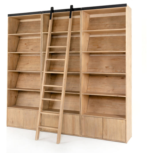 001 SI-1714358 | Primary Silo | Bane Triple Bookshelf with Ladder by Four Hands in smoked pine, black iron and smoked pine. Made from solid pine, iron in a cottage & farmhouse style.