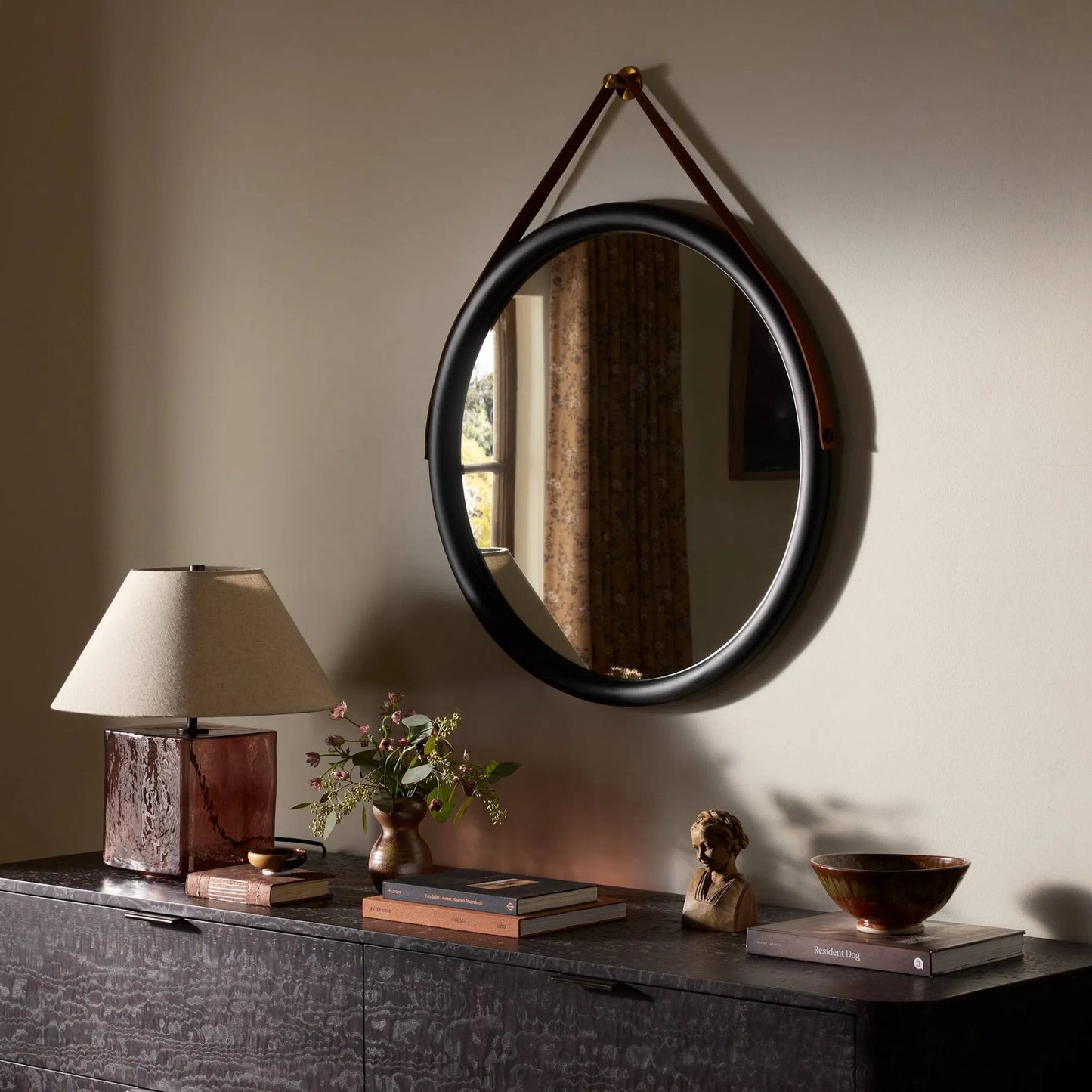 032 SI-1715060 | Lifestyle | Des Mirror by Four Hands. Made from solid poplar, top grain leather, iron in a modern style.
