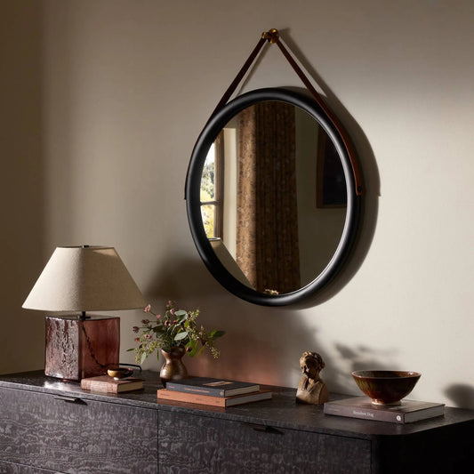 Des Mirror by Four Hands in black steel, toffee leather and black wash poplar. Made from solid poplar, top grain leather, iron in a modern style.