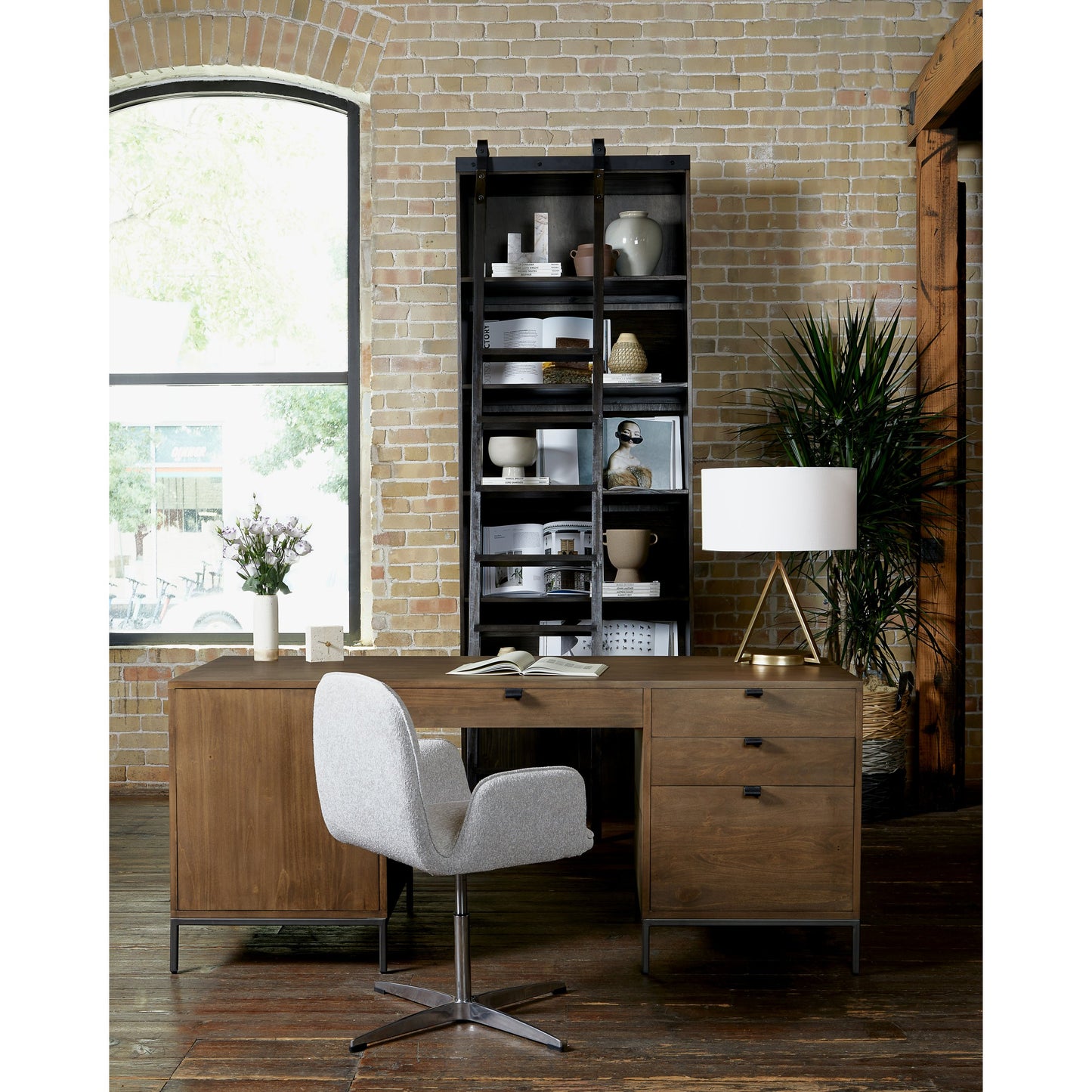 033 SI-1717033 | Lifestyle | Trey Executive Desk by Four Hands. Made from solid poplar, top grain leather, iron in a rustic style.