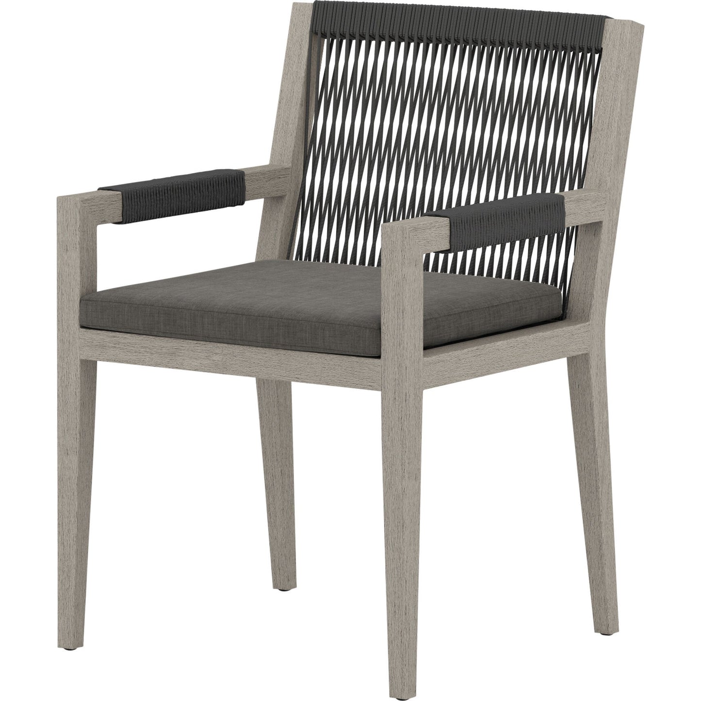 001 SI-1716720 | Additional Silo | Sherwood Outdoor Dining Armchair, Weathered Grey by Four Hands. Made from 100% olefin, solid fsc®-certified teak, 100% polypropylene in a coastal style.