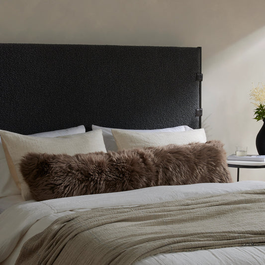 Lalo Lambskin Lumbar Pillow by Four Hands in taupe lambskin. Made from shearling, 100% cotton, down alternative fiber in a modern style.