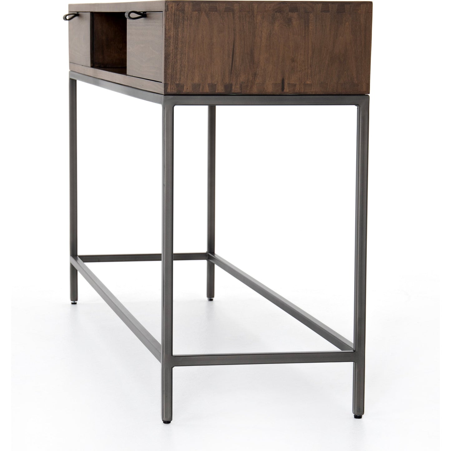002 SI-1717027 | Additional Silo | Trey Console Table by Four Hands. Made from solid poplar, top grain leather, iron in a rustic style.