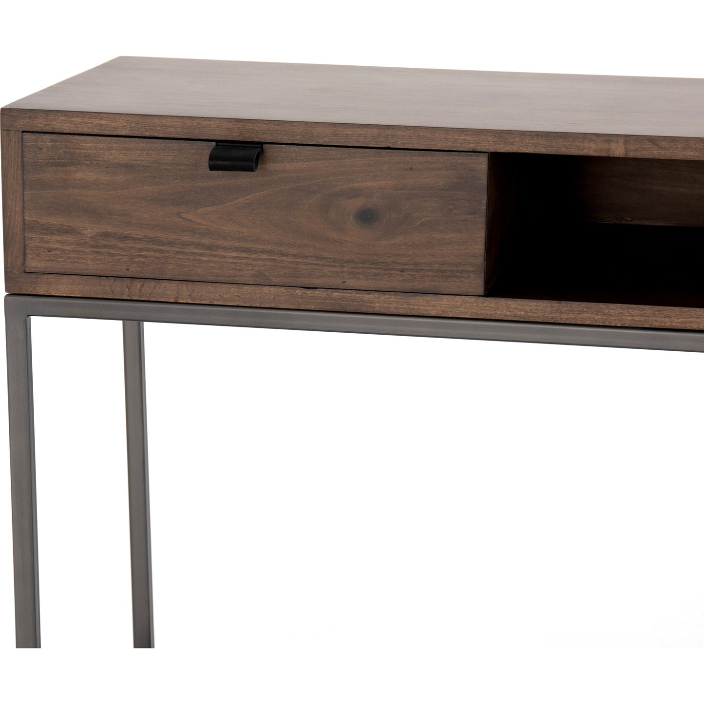 006 SI-1717027 | Additional Silo | Trey Console Table by Four Hands. Made from solid poplar, top grain leather, iron in a rustic style.