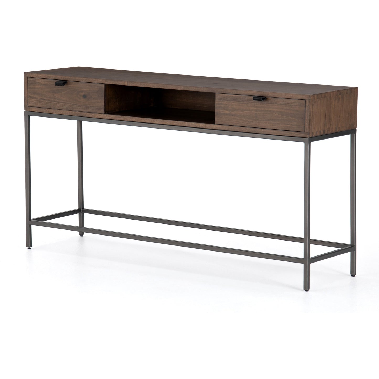 001 SI-1717027 | Additional Silo | Trey Console Table by Four Hands. Made from solid poplar, top grain leather, iron in a rustic style.