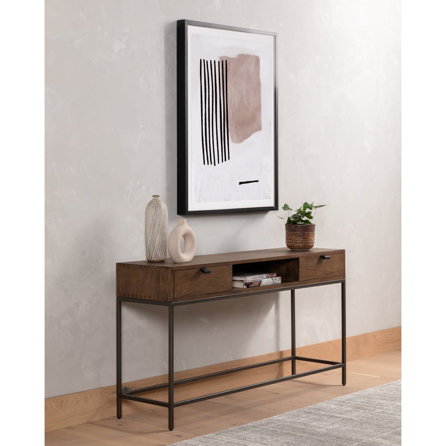 024 SI-1717027 | Lifestyle | Trey Console Table by Four Hands. Made from solid poplar, top grain leather, iron in a rustic style.