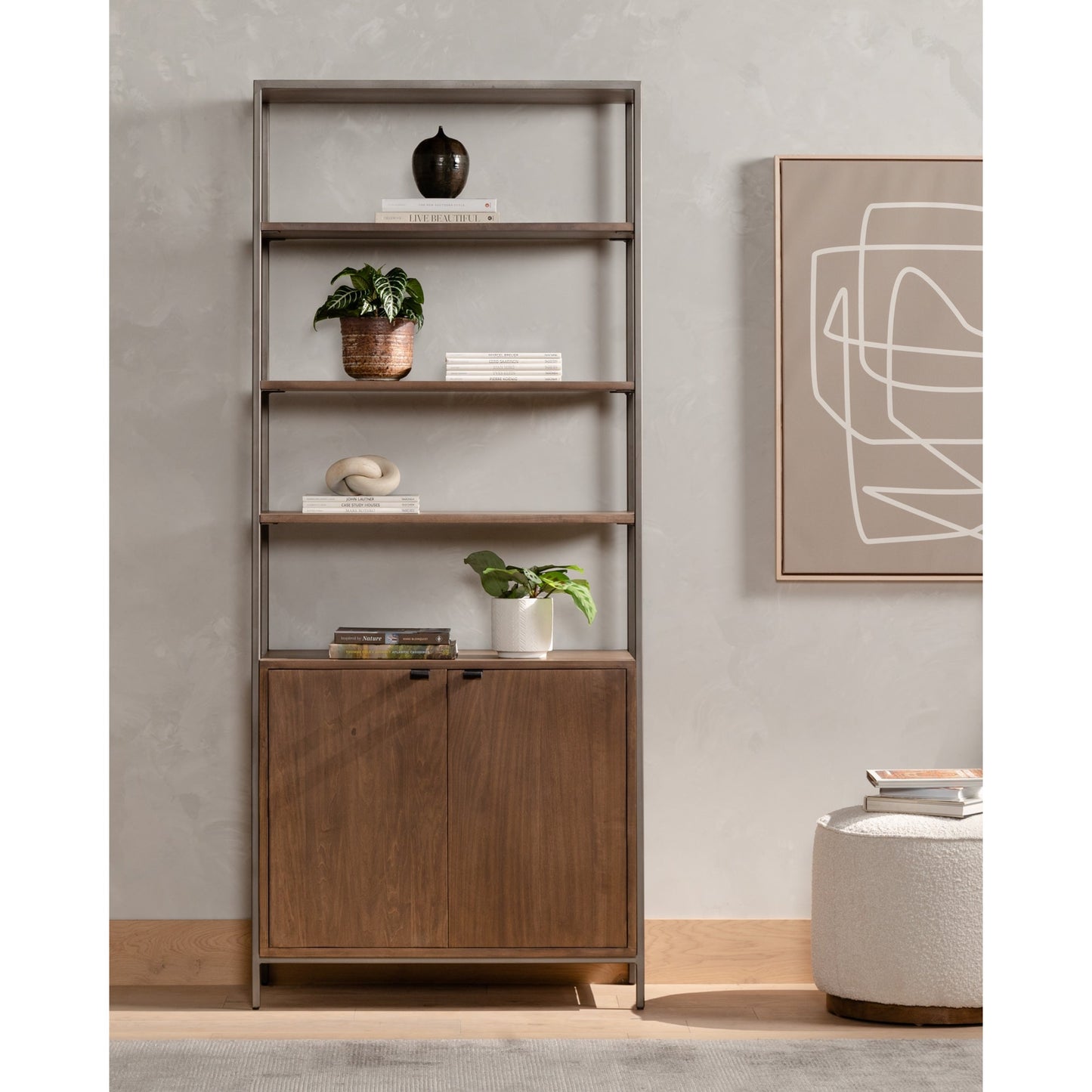 039 SI-1717047 | Lifestyle | Trey Modular Wide Bookcase by Four Hands. Made from solid poplar, top grain leather, iron in a modern style.