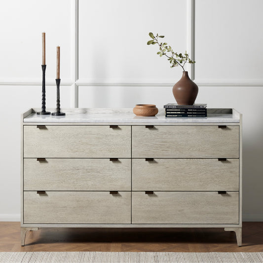 Viggo 6 Drawer Dresser by Four Hands in vintage white oak, vintage white oak solid, italian white marble and vintage white oak, italian white marble. Made from oak veneer, solid oak, solid marble in a rustic style.