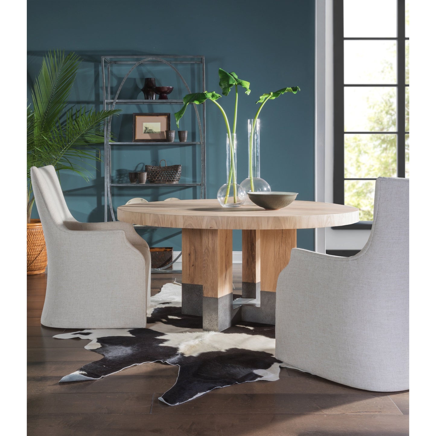 004 SI-1770644 | Lifestyle | Verite Round Dining Table by Artistica Home in natural, antiqued gun metal. Made from unique in a modern style.