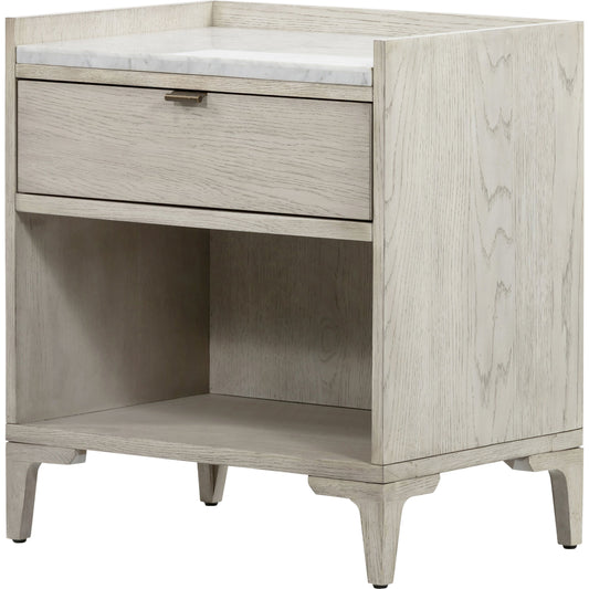 Viggo Nightstand by Four Hands in vintage white oak, bronze antimony, vintage white oak solid, italian white marble and vintage white oak, italian white marble. Made from oak veneer, solid oak, solid marble in a rustic st