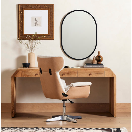 Anson Desk Chair by Four Hands in knoll natural and polished pewter, waller charcoal, vintage onyx, palermo nude. Made from 95% polyester, 5% acrylic, aluminum, faux leather in a modern style.