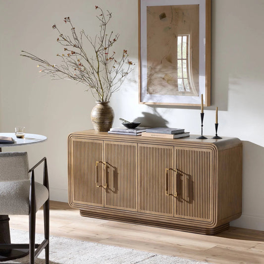 Stark Sideboard by Four Hands in warm espresso, warm espresso veneer, light antique brass and warm espresso, antique brass. Made from mahogany veneer, solid mahogany in a modern style.