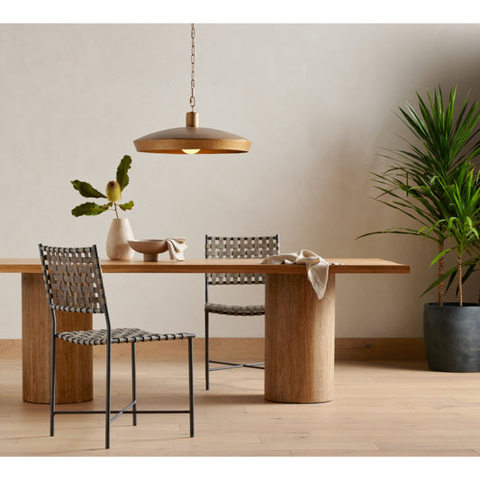 Malia Dining Table by Four Hands in polished travertine, natural oak and natural oak. Made from solid oak, solid travertine in a modern style.