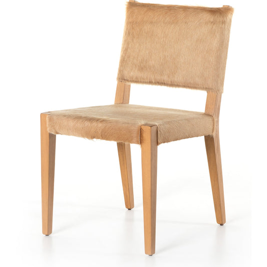 Villa Dining Chair by Four Hands in palomino hair on hide and natural beech. Made from hair on hide, solid beech, iron in a rustic style.