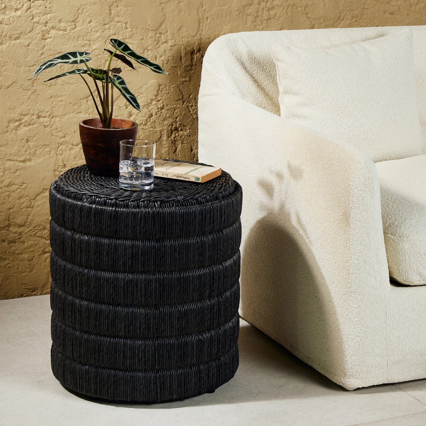 009 SI-1716044 | Lifestyle | Madura End Table by Four Hands in vintage coal. Made from 100% polyethylene, aluminum in a coastal style.