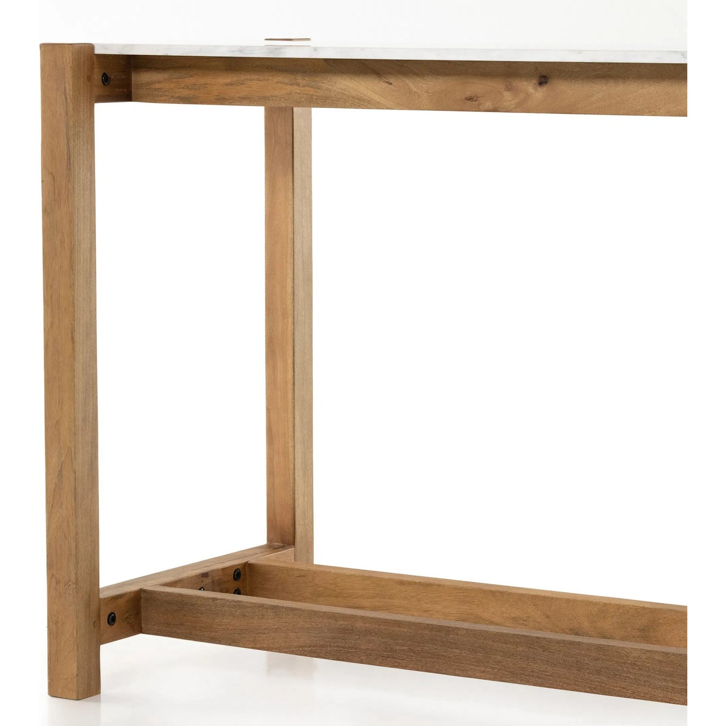 007 SI-2513361 | Closeup | Scout Bar Table by Four Hands in polished white marble, auburn mango. Made from solid marble, solid mango in a transitional style.