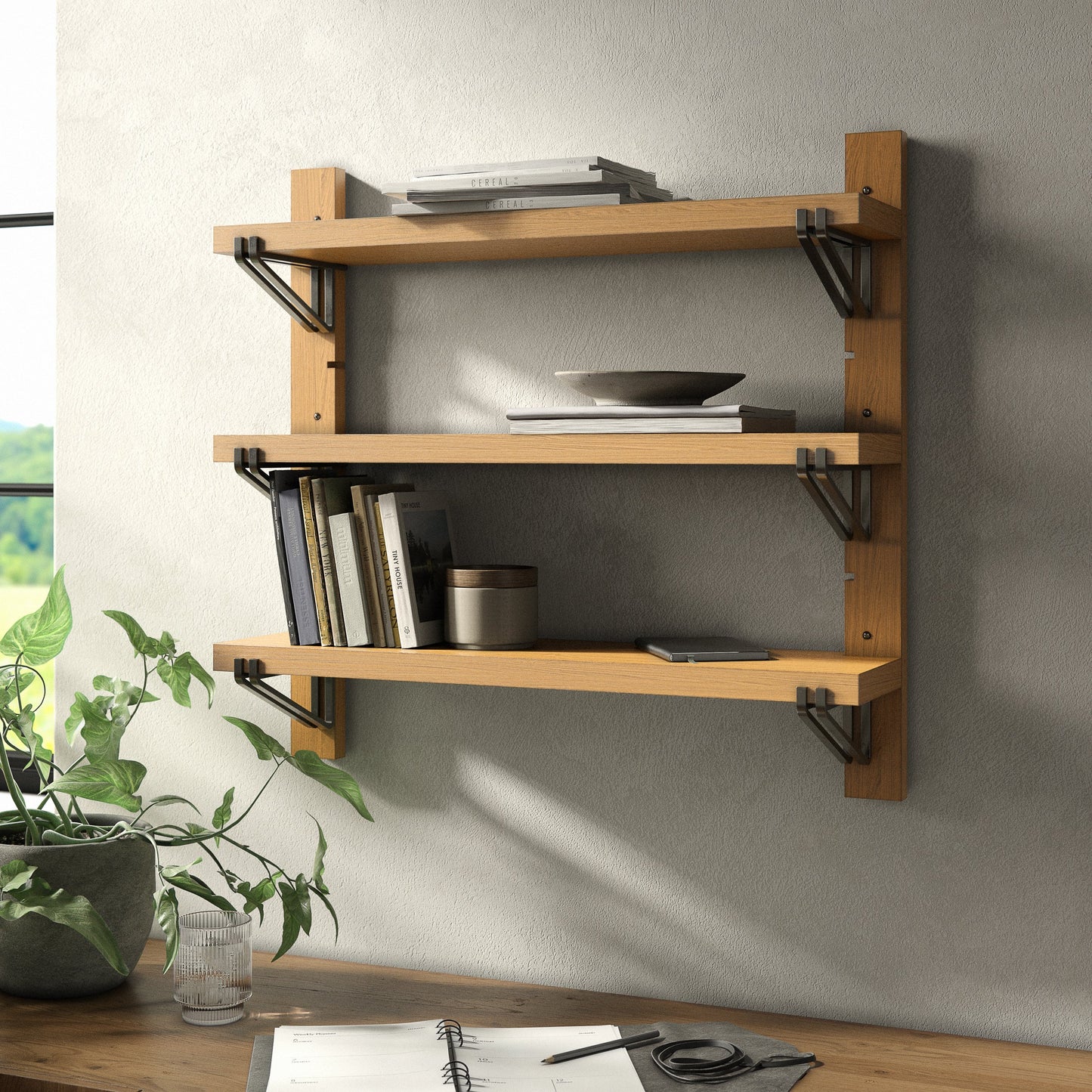 033 SI-1716393 | Lifestyle | Pivott Shelf by Four Hands in dark iron, natural oak. Made from iron, oak veneer, solid oak in a rustic style.