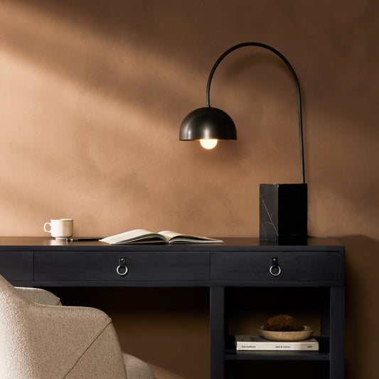 Jenkin Task Lamp by Four Hands in black marble, dark antique iron. Made from solid marble, iron in a modern style.
