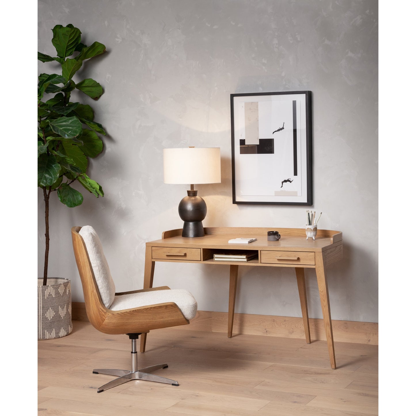014 SI-1714252 | Lifestyle | Armstrong Desk by Four Hands in burnished oak veneer, burnished oak and burnished oak. Made from oak veneer, solid oak in a modern style.