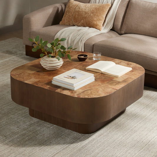 Blanco Coffee Table by Four Hands in warm umber burl. Made from walnut burl veneer, thick mahogany veneer, pine plywood in a modern style.
