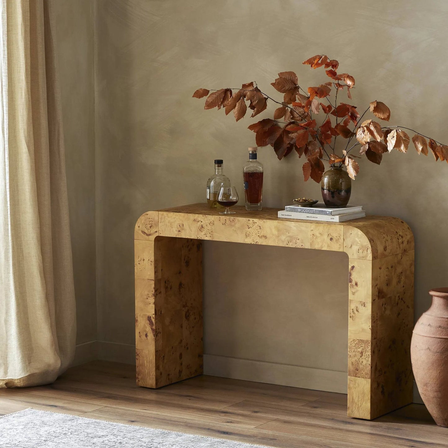 009 SI-1901186 | Lifestyle | Jenson Console Table by Four Hands in natural poplar burl veneer and natural poplar burl. Made from poplar burl veneer in a coastal style.