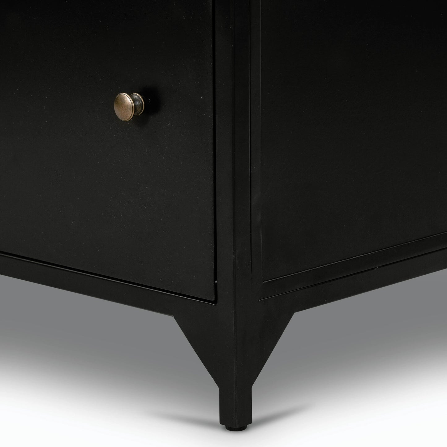 005 SI-2158064 | Closeup | Belmont Large Storage Nightstand by Four Hands in black, weathered bronze and black. Made from iron in a modern style.