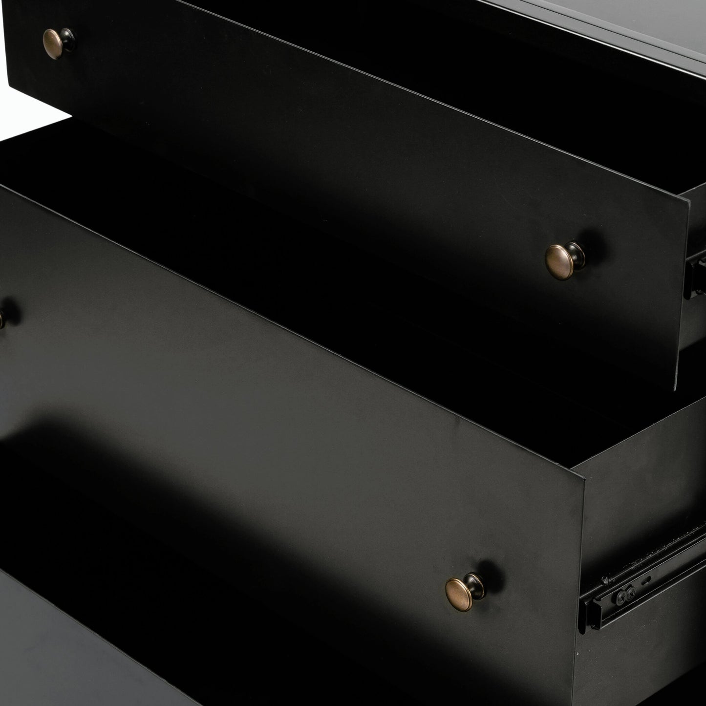 007 SI-2158064 | Closeup | Belmont Large Storage Nightstand by Four Hands in black, weathered bronze and black. Made from iron in a modern style.