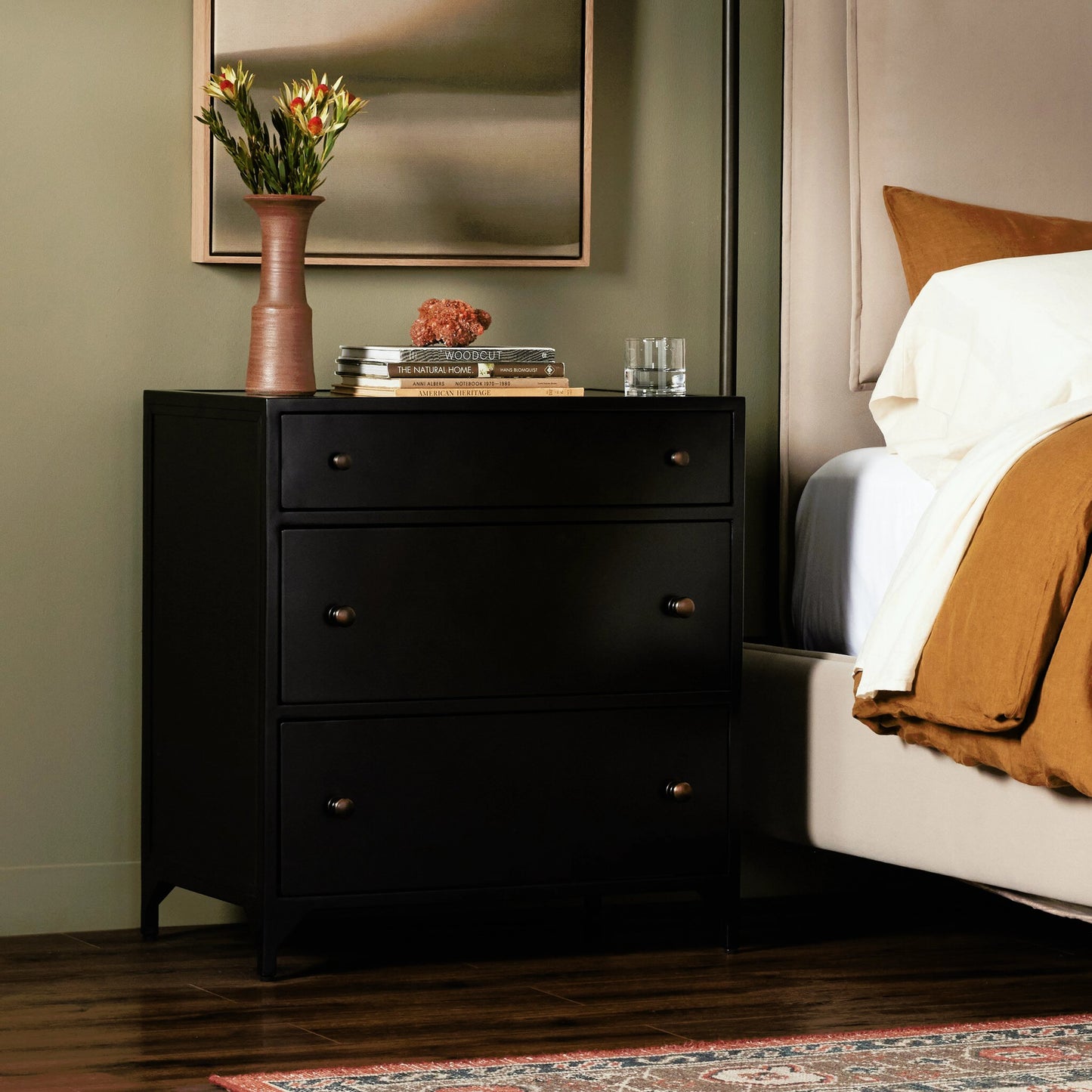 013 SI-2158064 | Lifestyle | Belmont Large Storage Nightstand by Four Hands in black, weathered bronze and black. Made from iron in a modern style.