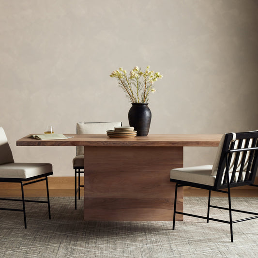 Yvonne Dining Table by Four Hands in whitewash acacia resawn veneer, whitewash acacia. Made from solid acacia, resawn acacia, engineered hardwood in a rustic style.