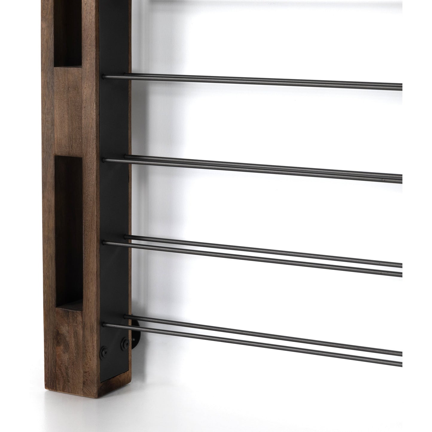 011 SI-1716331 | Closeup | Ortega Wine Rack by Four Hands in smoked mango, gunmetal. Made from solid mango, iron in a eclectic & global style.