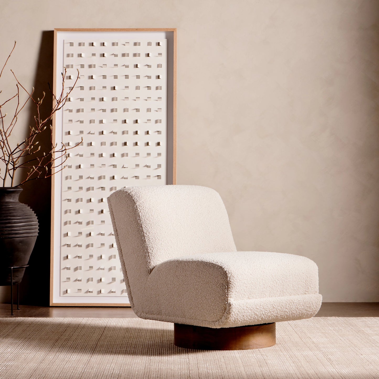 063 SI-1714606 | Lifestyle | Bronwyn Swivel Chair by Four Hands in knoll natural, distressed natural. Made from 95% polyester, 5% acrylic, solid parawood, 100% polyester in a eclectic & global style.