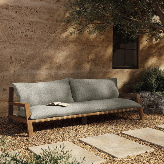 Soren Outdoor Sofa by Four Hands. Made from 100% olefin, solid fsc®-certified teak, 100% polypropylene in a modern style.