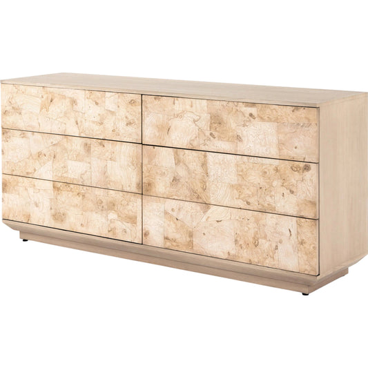 Journey 6 Drawer Dresser by Four Hands in white mahogany, bleached burl. Made from thick mahogany veneer, ash burl veneer in a modern style.