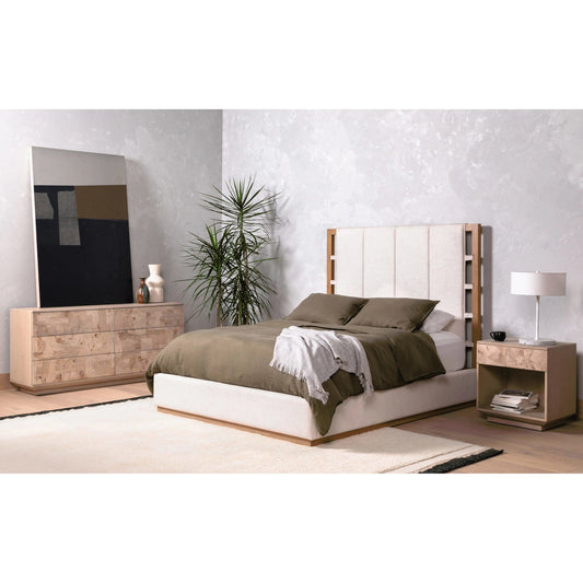 Journey 6 Drawer Dresser by Four Hands in white mahogany, bleached burl. Made from thick mahogany veneer, ash burl veneer in a modern style.