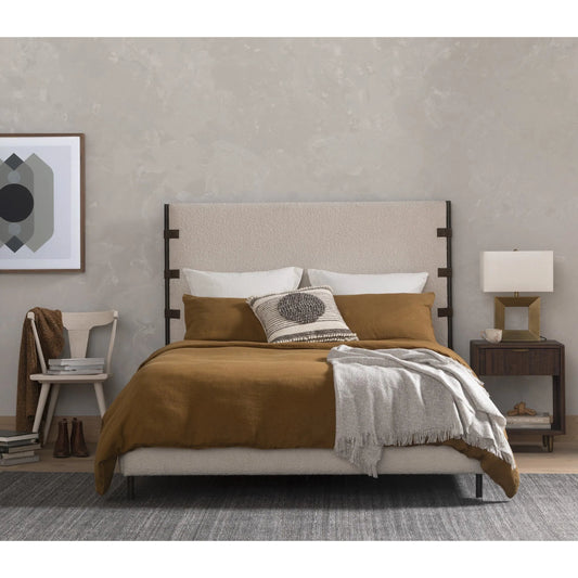 Anderson Bed by Four Hands in knoll natural, waxed black (pc), distressed brown. Made from 95% polyester, 5% acrylic, iron, 67% polyurethane, 30% polyester, 3% rayon in a transitional style.