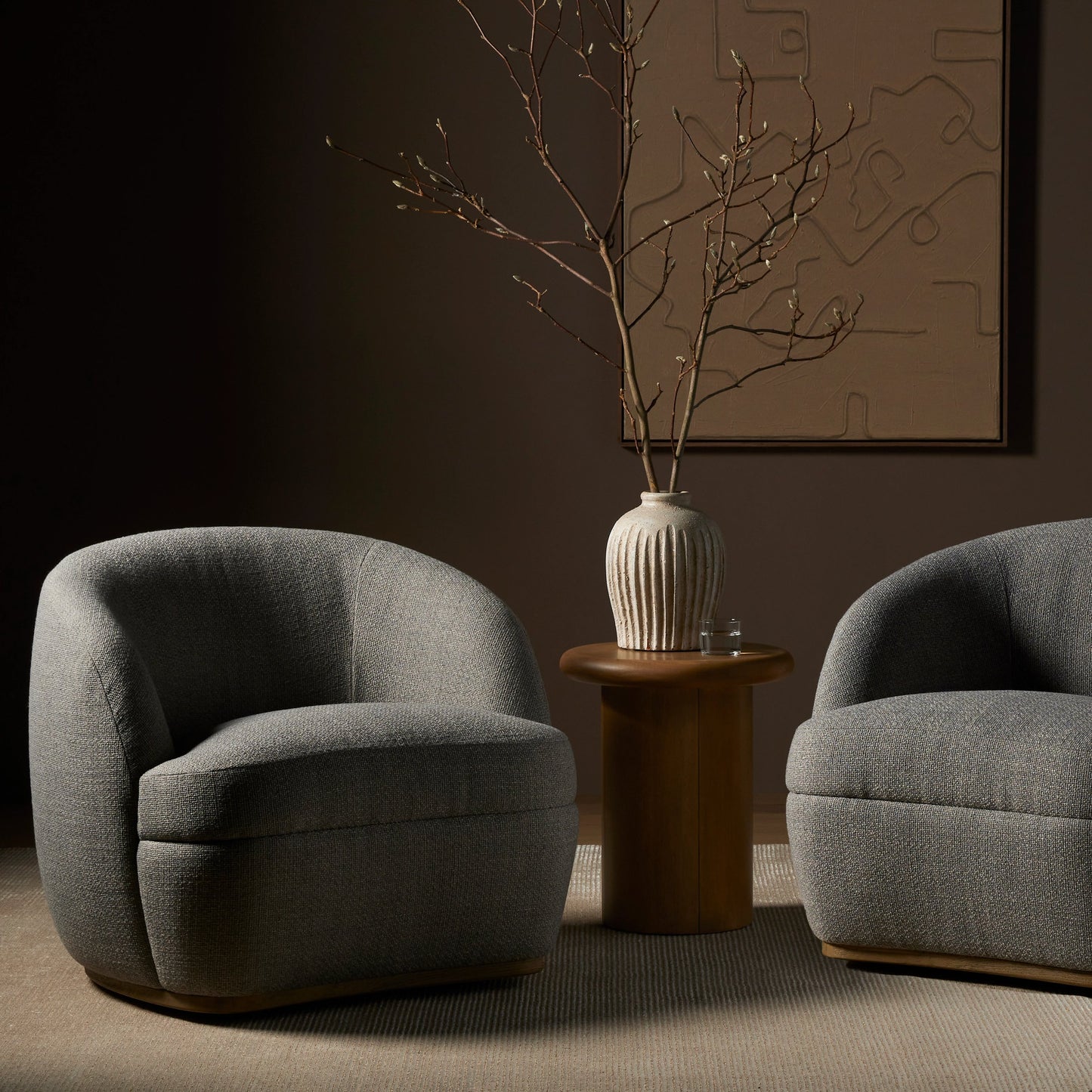 011 SI-1980652 | Lifestyle | Sandie Swivel Chair by Four Hands in gibson silver and tawny oak. Made from 97% polyester, 3% acrylic, solid oak, poplar plywood in a modern style.