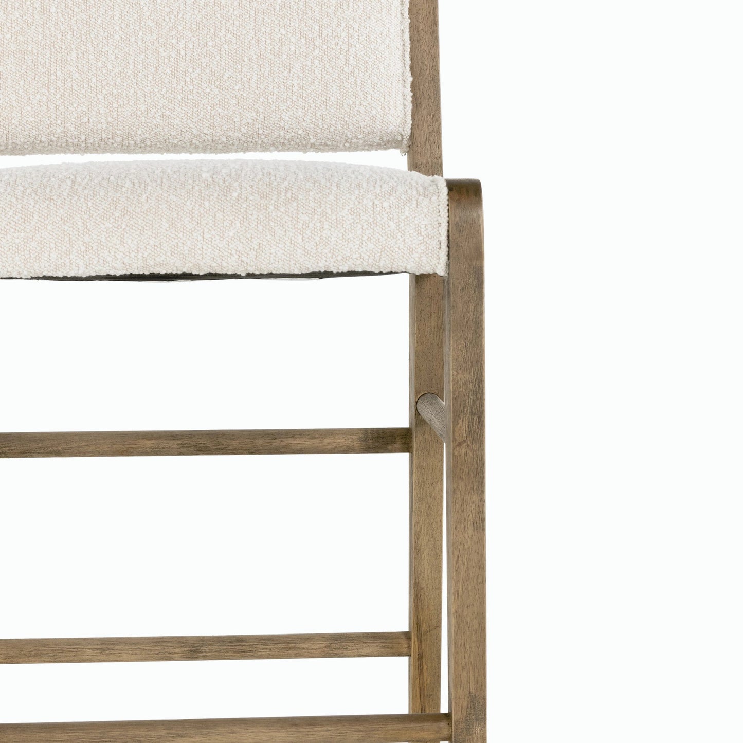 025 SI-1798871 | Closeup | Charon Counter Stool by Four Hands in knoll natural and weathered drift. Made from 95% polyester, 5% acrylic, solid parawood, 100% polyester in a transitional style.