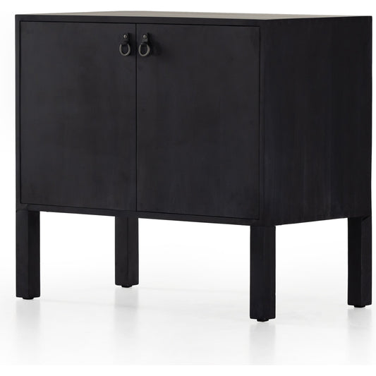 Isador Bar Cabinet by Four Hands in black wash poplar, natural iron, black leather and black wash poplar. Made from solid poplar, top grain leather in a modern style.