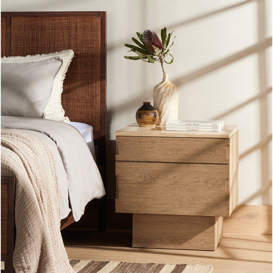 Jaylen Nightstand by Four Hands in yucca oak, travertine. Made from oak veneer, solid travertine in a transitional style.