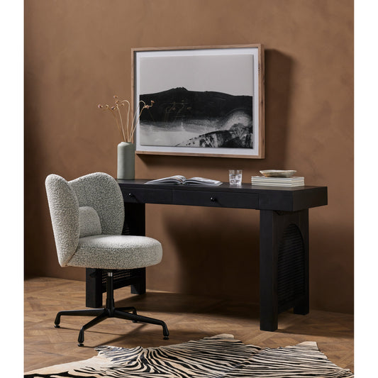 Plato Desk Chair by Four Hands in knoll domino and black aluminum. Made from 95% polyester, 5% acrylic, aluminum, 100% polyester in a modern style.