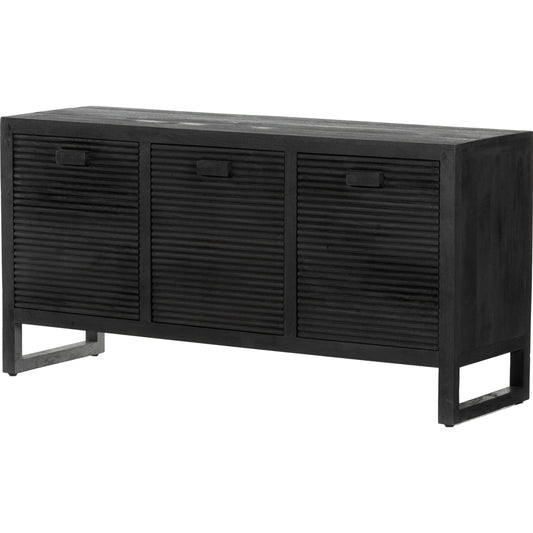 Lorne Media Console by Four Hands in dark reeded totem. Made from solid mango, solid mixed reclaimed wood in a modern style.