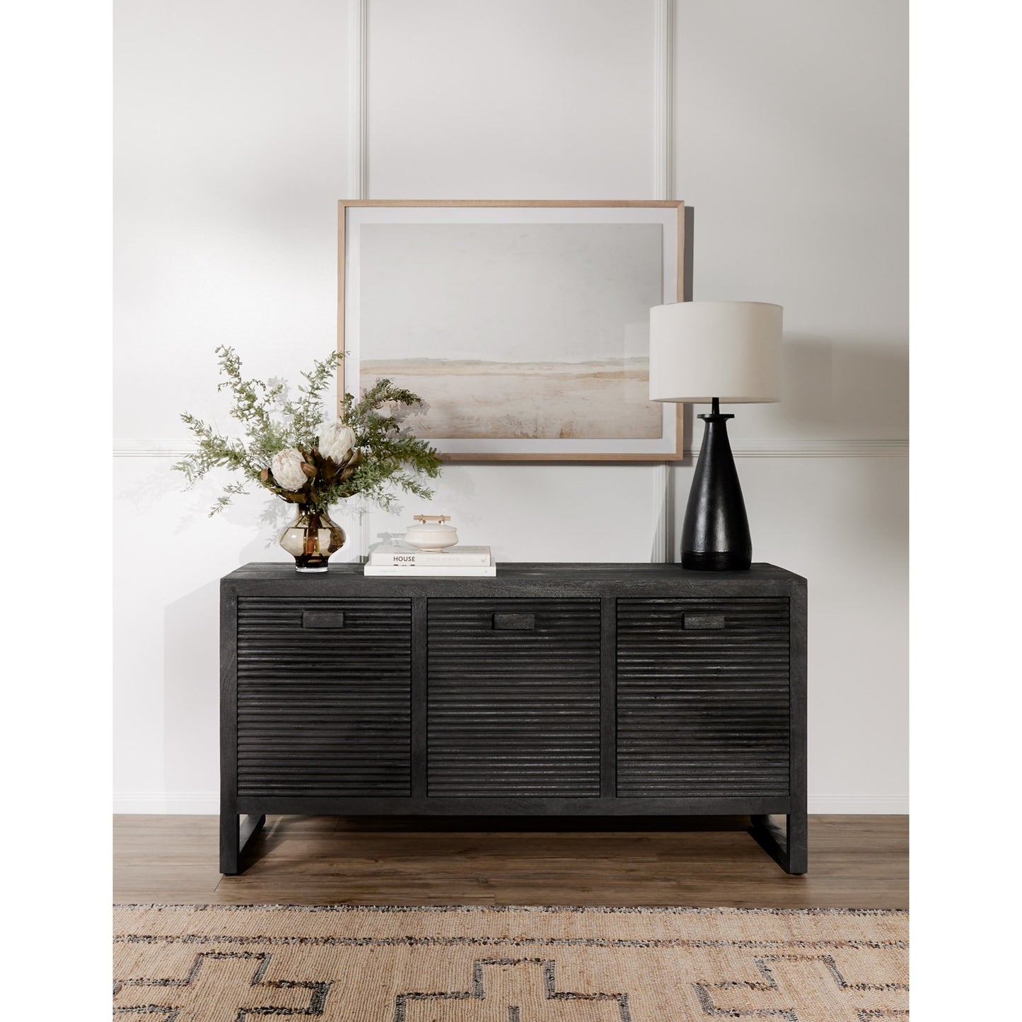 013 SI-1798402 | Lifestyle | Lorne Media Console by Four Hands in dark reeded totem. Made from solid mango, solid mixed reclaimed wood in a modern style.