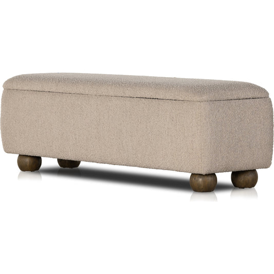 Ramsey Trunk by Four Hands in knoll sand, dark hazel. Made from 95% polyester, 5% acrylic, solid parawood, 90% polyurethane foam, 10% fiber in a modern style.