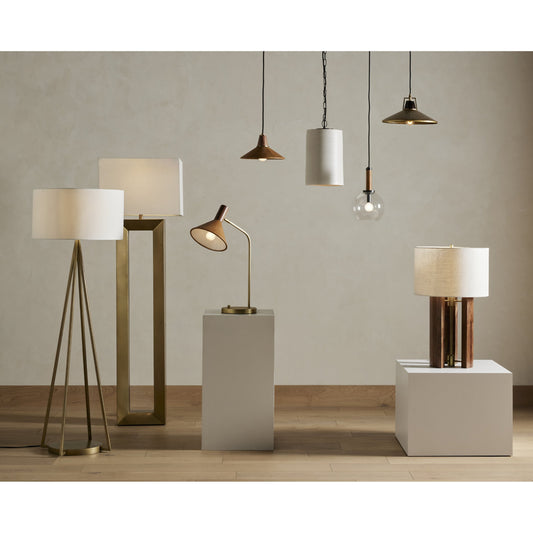 Cullen Pendant by Four Hands in camel leather, walnut. Made from top grain leather, solid walnut, steel plating in a modern style.