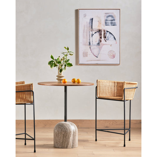 Faye Counter Table by Four Hands in antique white and dark gunmetal, dark natural oak. Made from solid oak, solid marble, iron in a transitional style.