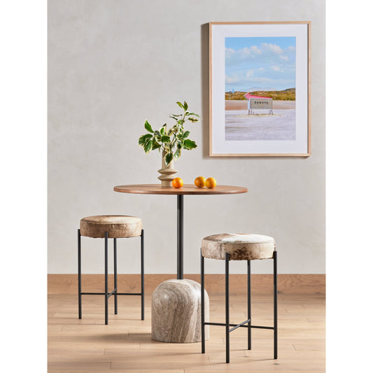 Faye Bar Table by Four Hands in antique white and dark gunmetal, dark natural oak. Made from solid oak, solid marble, iron in a modern style.