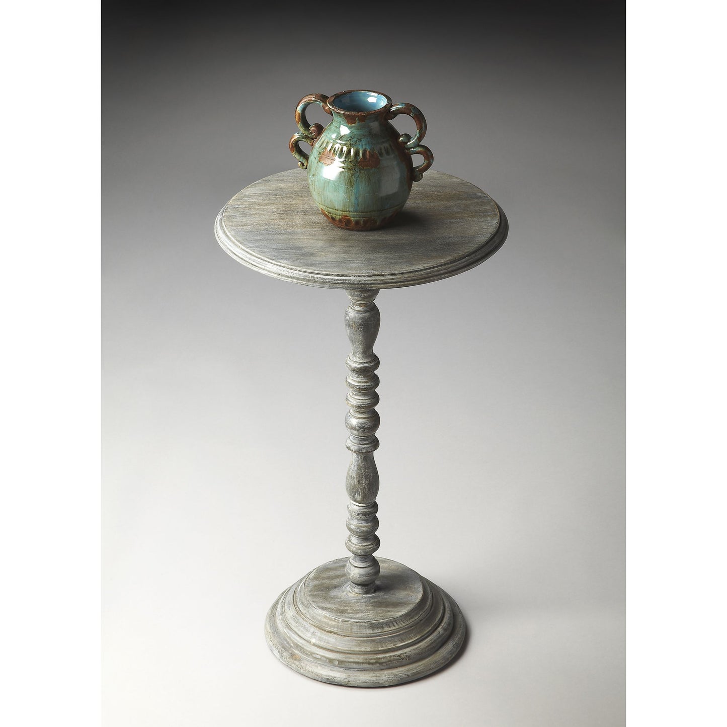 003 O-BUTLER-2265290 | Additional Silo | Pedestal Accent Table by Butler Specialty Company in gray and artifacts. Made from mango wood solids in a cottage & farmhouse style.