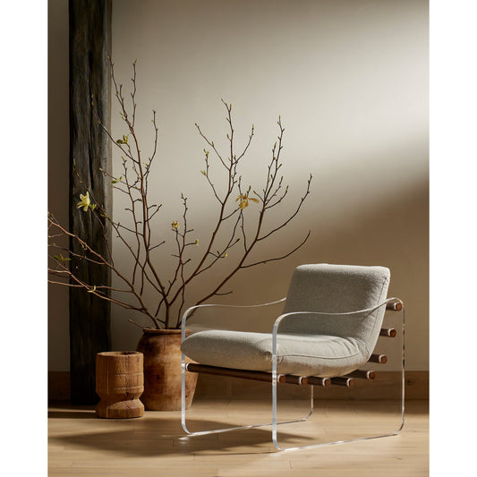 Cassius Chair by Four Hands in torrance silver, almond, clear acrylic. Made from 100% recycled olefin, acrylic, solid parawood in a modern style.